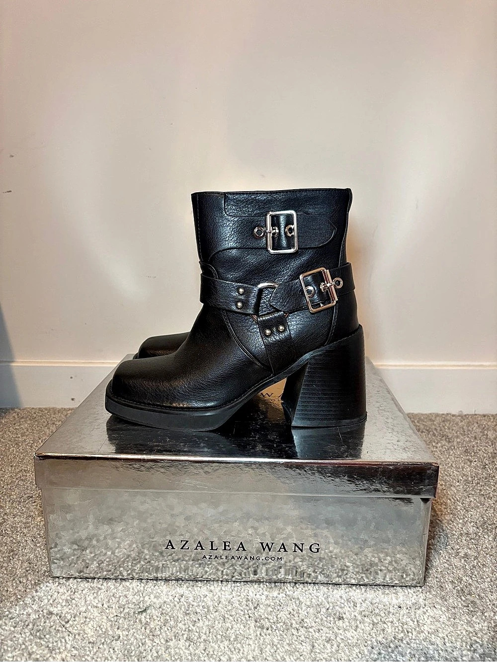 Azalea Wang Scooter Chunky Moto Boot Black Platform Ankle Boots